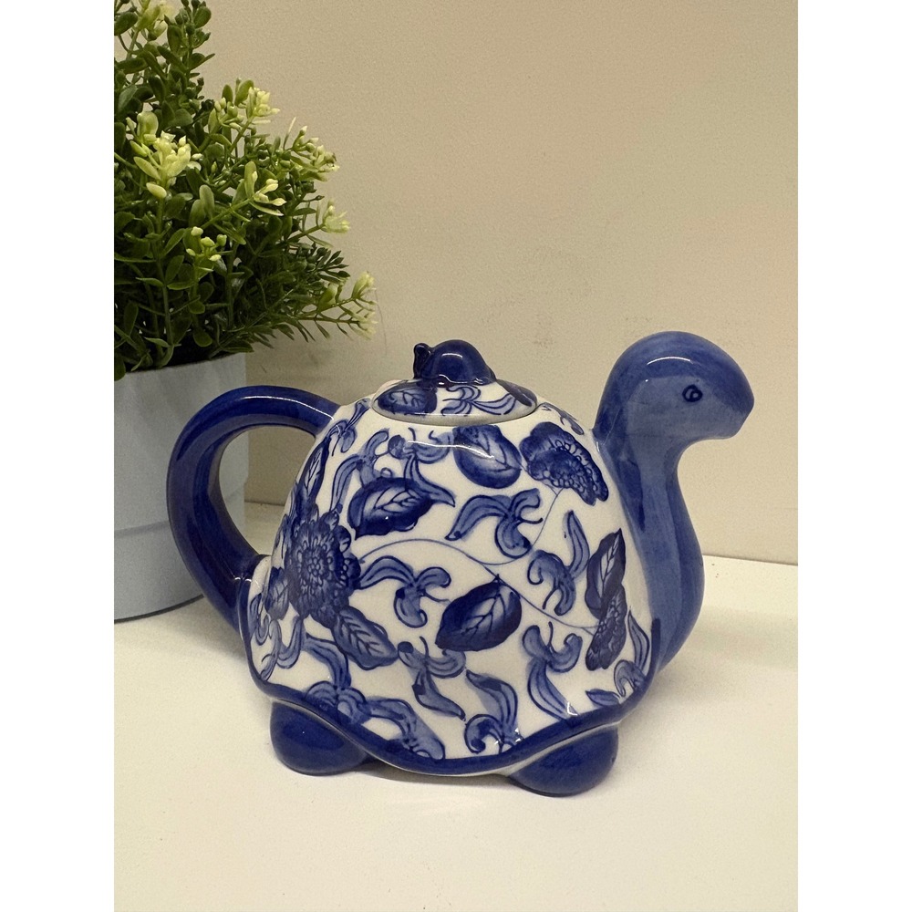 Blue and White Ceramic Turtle Teapot Chinoiserie Floral Animal Shaped Tea Pot